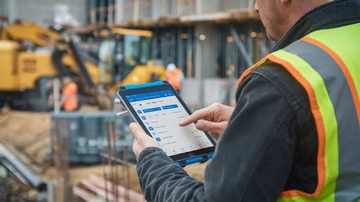 A construction professional using a tablet on-site in New South Wales 2176, Australia, managing estimates precisely.